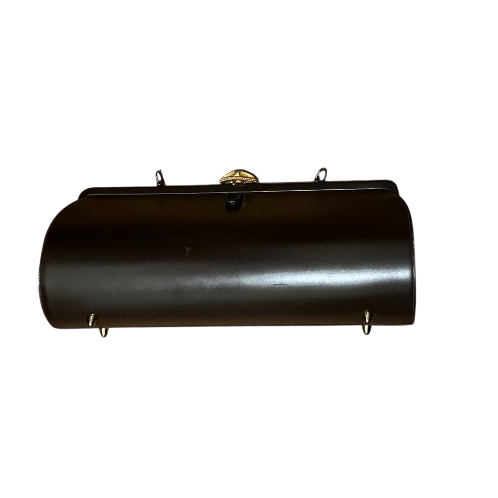 Structured Brown Gold Barrel Clutch Purse With Strap Loops